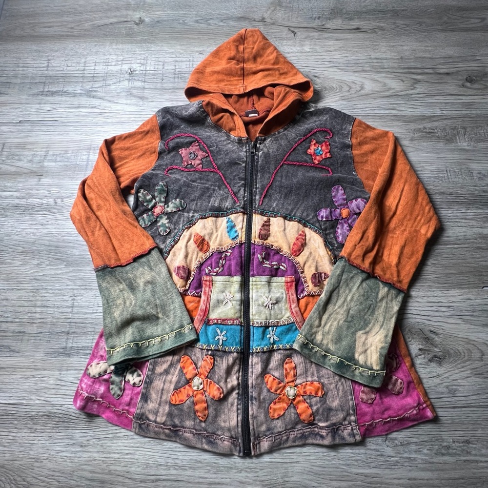 KPC Patchwork Hoodie Women Medium Orange Multicolor Floral Boho Zip Up Sweater